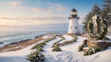  Holiday lights and garlands on a snowy Maine lighthouse in a calm winter landscape 