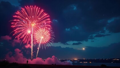 Vibrant fireworks explode in the night sky, illuminating the darkness with colorful bursts , dark, pattern