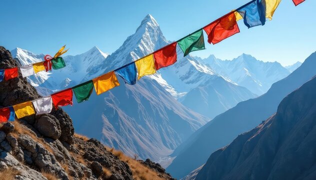 Vibrant prayer flags flutter in the wind against a majestic mountain backdrop , buddhism, prayer flags, nepal flags