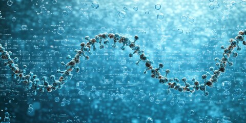 A cyan molecule chain entwines with shimmering bubbles amidst abstract numeric data screens
