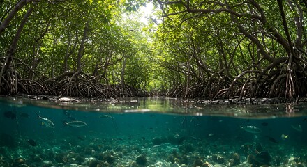 Exploring Mangrove Forest with Fish Underwater View