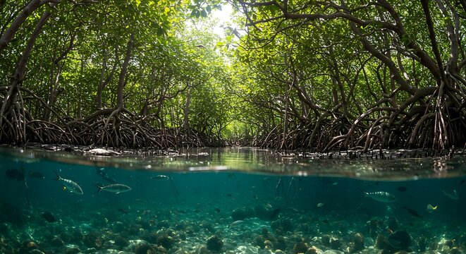 Exploring Mangrove Forest with Fish Underwater View