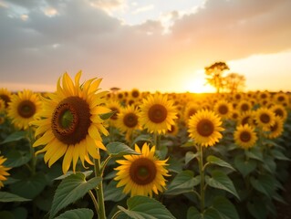 Fototapeta premium Sunflower Field Blooming Under Cloudy Sky at Sunset Summer Landscape
