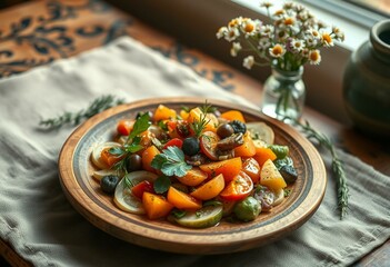 Rustic wooden plate with colorful seasonal ingredients and herbs