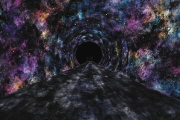 Cosmic tunnel, a path through the cosmos.  Vast, colourful nebulae fill the tunnel, leading to a dark void