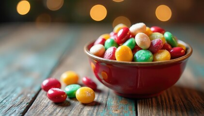 A colorful assortment of Christmas candies in a festive bowl, ready for the holidays , gumdrop, jellybean