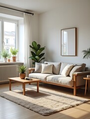 A living room with a couch, coffee table and plants