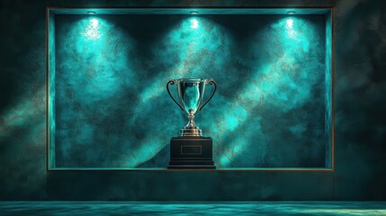 A trophy is displayed in a spotlighted case against a textured teal wall, creating a dramatic and prestigious atmosphere.