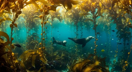 Swimming Sea Otters in Kelp Forest Underwater Scene