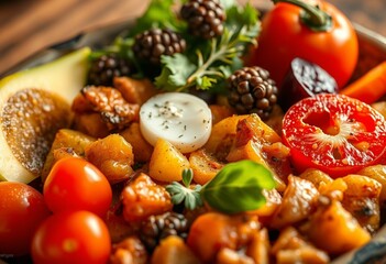 A colorful and appetizing dish with a mix of seasonal vegetables, fruits, and herbs, arranged artfully on a rustic wooden board, with a sprinkle of edible flowers and a few fresh herbs.