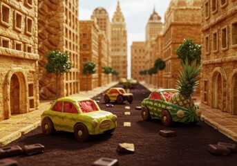 Fototapeta premium Whimsical city street scene with cars made of fruit and buildings constructed of bread dough