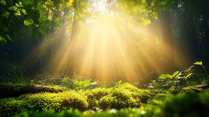 Sunlight streams through lush forest canopy