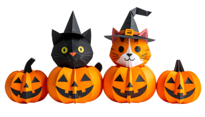 Cute Halloween-themed paper craft pumpkins designed as a playful cat and dog duo, featuring charming details and festive colors, isolated on a solid white background