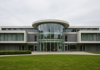 Modern architecture features a glass facade and manicured lawn on an overcast day