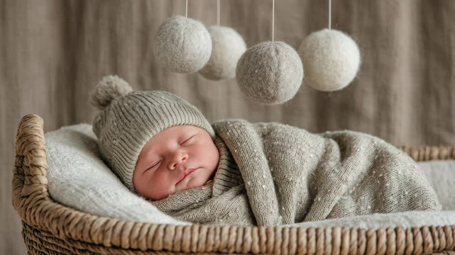 Cozy infant resting peacefully in a woven bassinet with mobile overhead