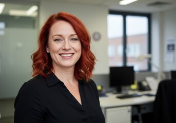 Smiling woman with red hair in a black shirt stands in a bright office environment with desks and computers