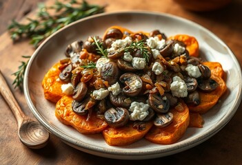 Fototapeta premium A seasonal dish with roasted sweet potatoes, wild mushrooms, caramelized onions, and goat cheese