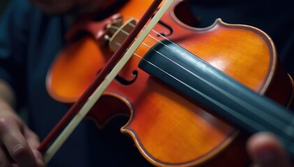 Fototapeta premium Close-up of a violin being played, showing the bow and strings , acoustic, music notes