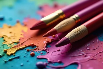 Obraz premium Close up of intertwined paintbrushes, palette, love, mixing