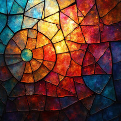 A fractured mosaic of stained glass in jewel tones