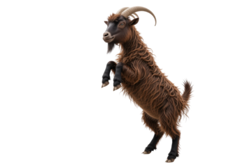 Brown goat standing on hind legs, isolated on transparent background, animal, mammal, farm animal.