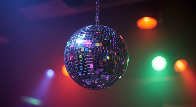 Boule Disco Spinning Above Dance Floor Reflecting Vivid Lights in Retro Nightclub Setting