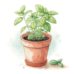 Fototapeta premium Adorable Watercolor Clipart for Cooking Basil Plant in Terracotta Pot