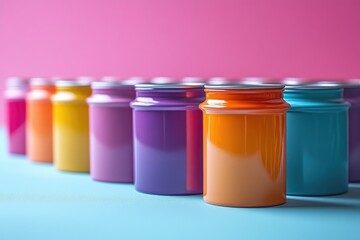 Colorful paint cans arranged in vibrant display, showcasing vari