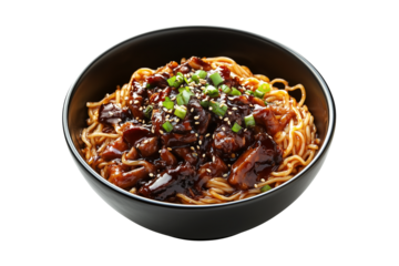 Bowl of Jajangmyeon noodles with beef in blackbean sauce, topped with scallions and sesame seeds, isolated on white background, concept of Asian cuisine