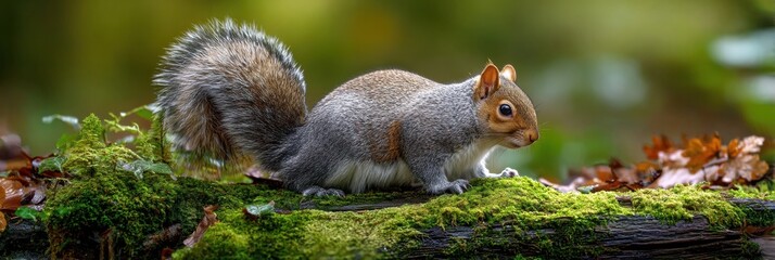 Obraz premium Squirrel Gathers Acorns on a Mossy Log During Autumn in a Forest With Vibrant Foliage and Soft Natural Lighting Generative AI