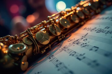 Fototapeta premium Close-up, saxophone, musical notes, blurred background, art, bokeh