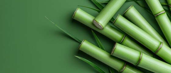 A bunch of green bamboo shoots are on a green background