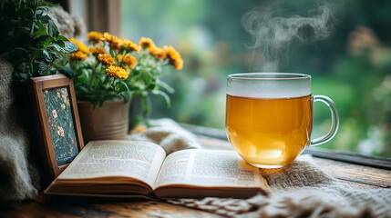 Steaming cup of tea sits beside open book on rustic wooden table, surrounded by yellow flowers and greenery, creating peaceful and cozy atmosphere by window