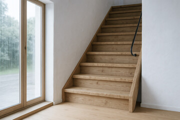 Obraz premium Rustic Wooden Staircase Fully Aligned to Wall in Bright Interior