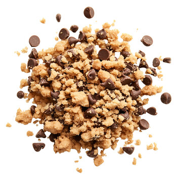 Overhead shot of delicious chocolate chip cookie dough crumbles with chocolate chips on a transparent background Concept of baking, dessert, and sweet treat