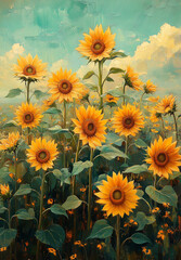 Obraz premium Field of majestic sunflower blooms under bright blue sky, their golden petals glowing in early morning light, evoking sense of joy and natural beauty