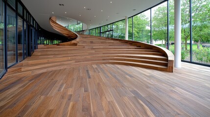 Curved wooden staircase and seating area in a modern building with large glass windows offering a view of lush greenery. Natural light illuminates
