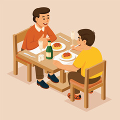 Two men sitting at a restaurant table, enjoying a pasta meal and having a conversation. Isometric illustration. Champagne bottle, glasses. Hospitality and restaurant concept. Family time.