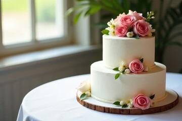 Elegant wedding cake decorated with fresh flowers, sitting on a table with a white tablecloth , bakery, table, party