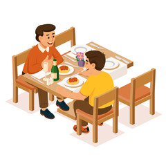 Two men sitting at a restaurant table, enjoying a pasta meal and having a conversation. Isometric illustration. Champagne bottle, glasses. Hospitality and restaurant concept. Family time.