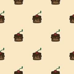 Chocolate dessert with cherries. Vector seamless pattern. Endless background for wrapping paper, print, textile