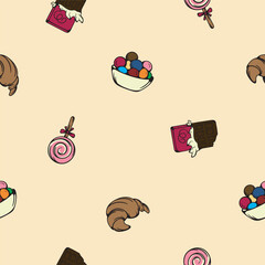 Sweets, candies, croissant, chocolate. Vector seamless pattern. Endless background for wrapping paper, print, textile