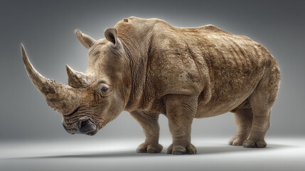 Obraz premium Realistic photograph of full body rhinoceros standing on neutral background showing detailed skin texture and large horn, conveying strength and resilience