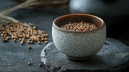 Close-up view of small, brown seeds in a ceramic bowl.