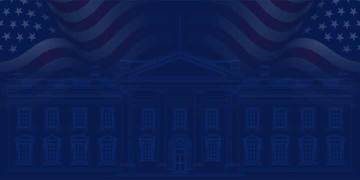 Blue background with USA waving flag and White house vector line