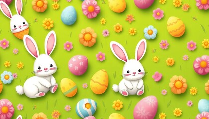 Obraz premium Adorable cartoon bunnies and colorful Easter eggs on a green background Seamless pattern, rabbit pattern, background