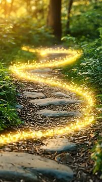 Enchanted pathway glowing softly in a forest during golden hour