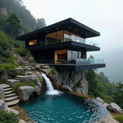 Modern Art Deco Black Villa Set on Steep Mediterranean Hill, with Infinity Pool Overflowing into Dramatic Cliffside Waterfall
