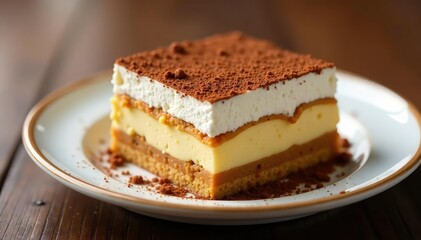 Individual portion of tiramisu, showcasing rich texture and coffee dusting , gastronomy, single serving