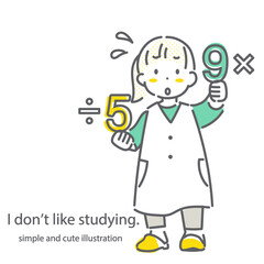 算数に苦労する小学生　シンプルでかわいい線画イラスト